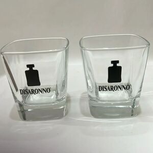 Disaronno Ameratto Glass 3 3/4 Tall 3 1/4 Top Black Bottle Rocks Low Ball Set 2